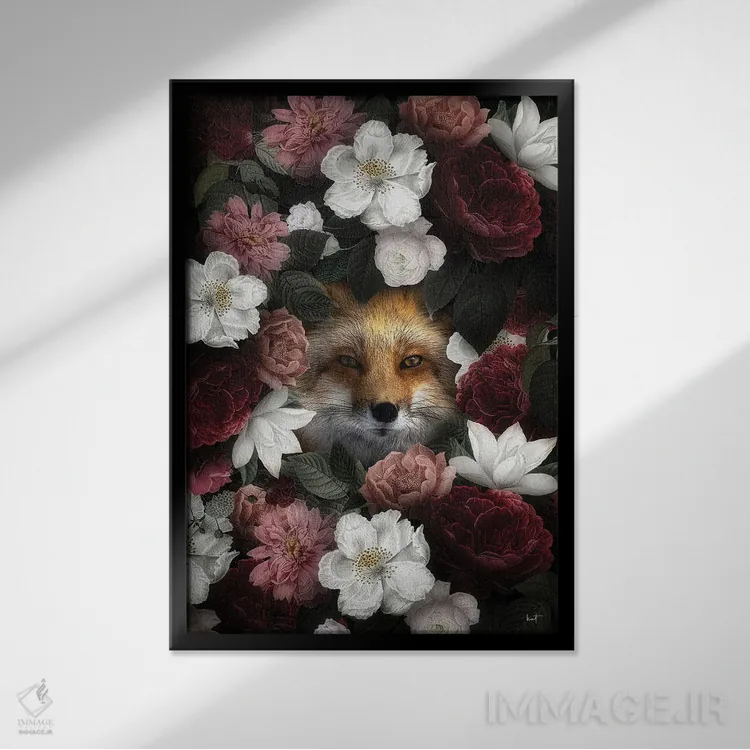 تابلو دکوراتیو روباه گل دار اثر کاترین فدرر - نمای قابدار مشکی