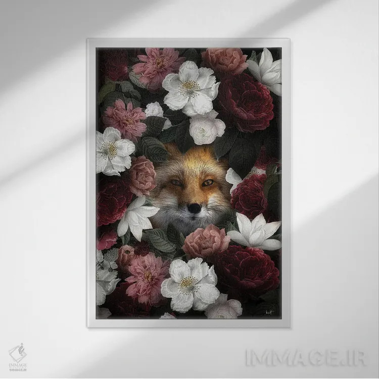 تابلو دکوراتیو روباه گل دار اثر کاترین فدرر - نمای قابدار سفید