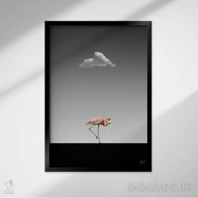 تابلو مینیمال قدم زدن فلامینگو روی سکو ۲ اثر کاترین فدرر - نمای قابدار مشکی