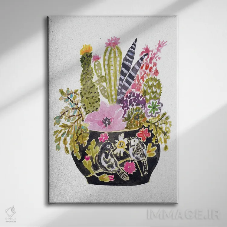 تابلو دکوراتیو گلدان نقاشی شده با گل ها ۳ اثر کارن فیلدز - نمای روبهرو روی دیوار
