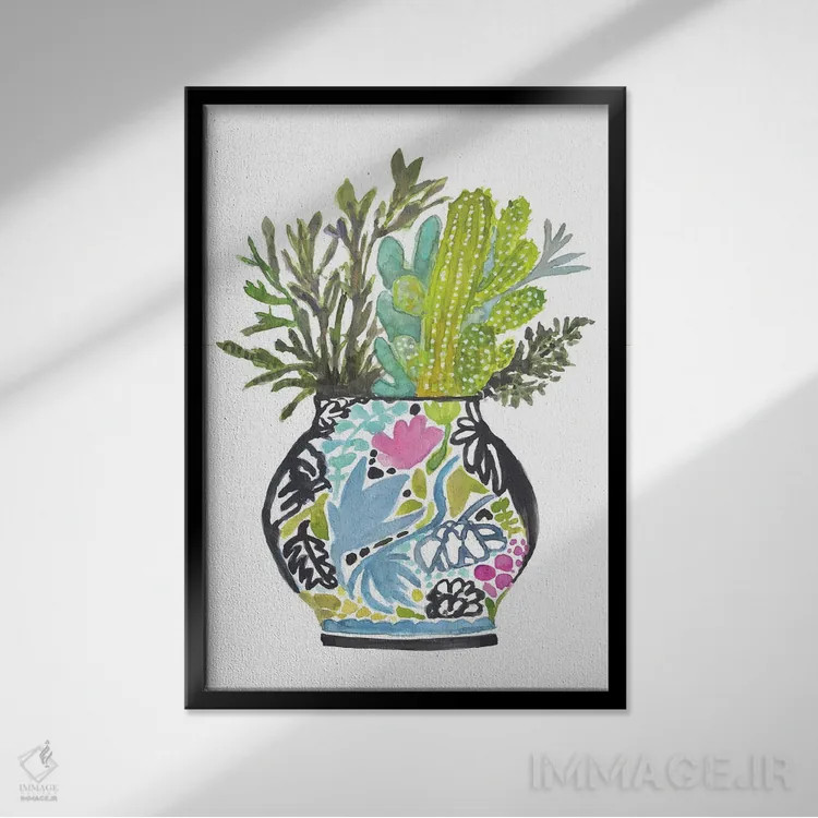 تابلو دکوراتیو گلدان نقاشی شده با گل ها ۴ اثر کارن فیلدز - نمای قابدار مشکی