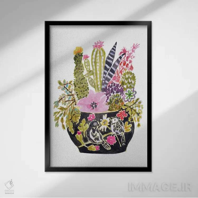 تابلو دکوراتیو گلدان نقاشی شده با گل ها ۳ اثر کارن فیلدز - نمای قابدار مشکی