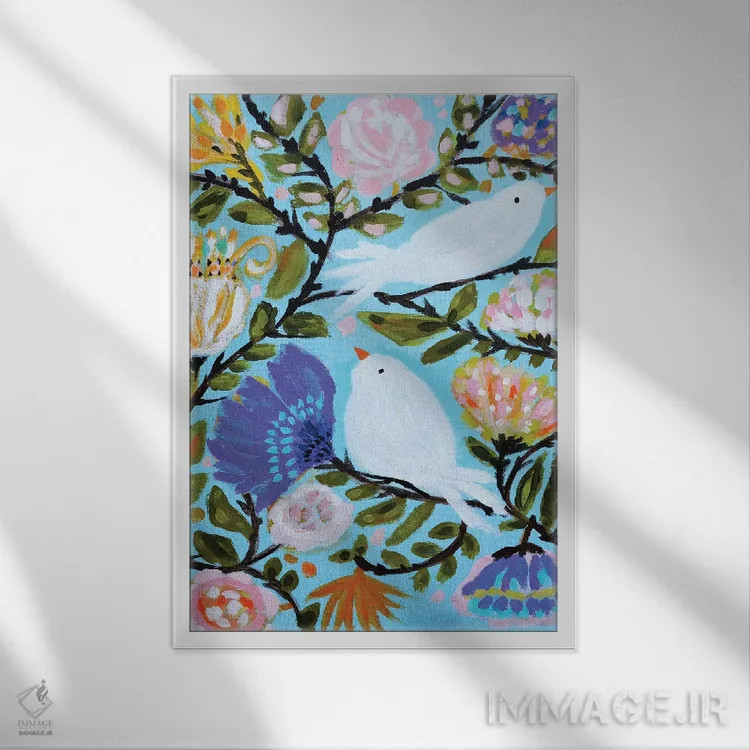 تابلو دکوراتیو مرغان عاشق دوست داشتنی ۲ اثر کارن فیلدز - نمای قابدار سفید