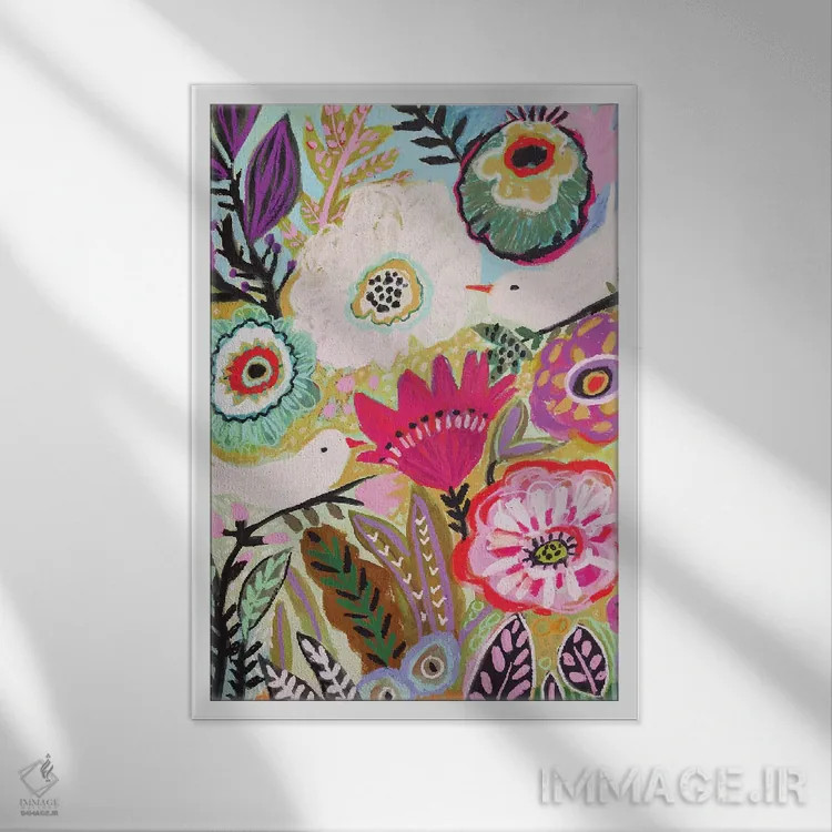 تابلو دکوراتیو پرندگان باغ ۱ اثر کارن فیلدز - نمای قابدار سفید