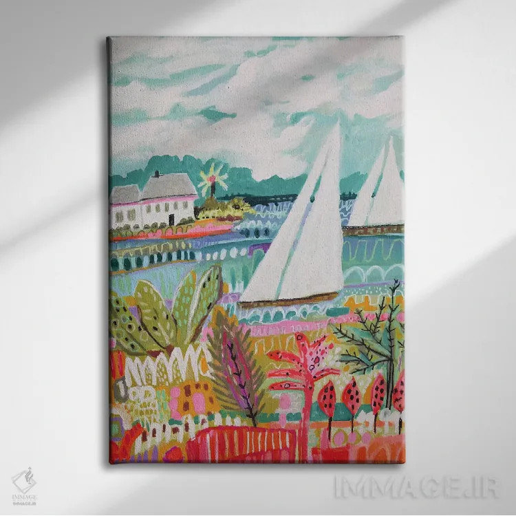 تابلو دکوراتیو دو قایق بادبانی و کلبه ۲ اثر کارن فیلدز - نمای روبهرو روی دیوار