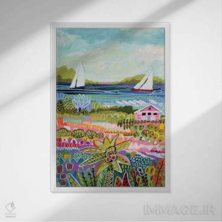 تابلو دکوراتیو دو قایق بادبانی و کلبه ۱ اثر کارن فیلدز - نمای قابدار سفید