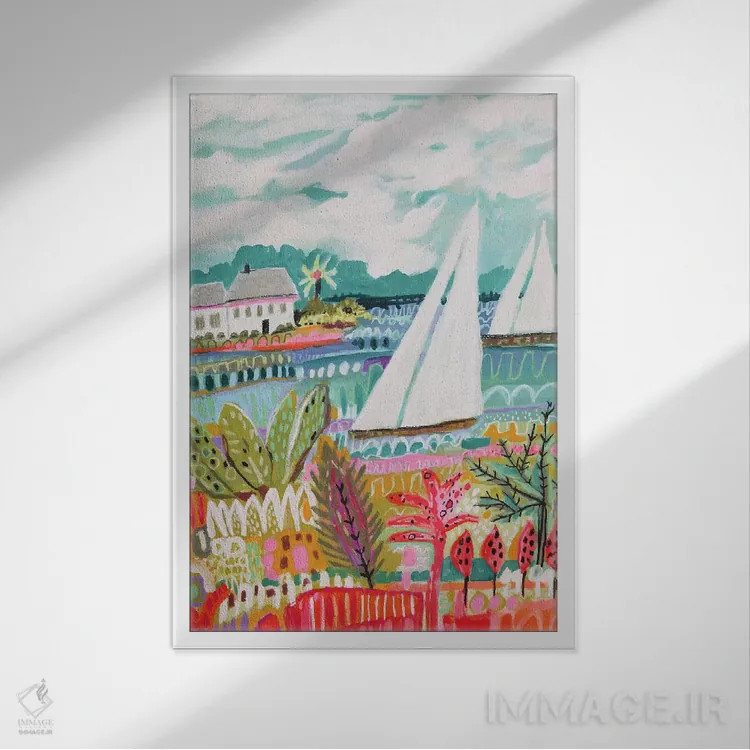 تابلو دکوراتیو دو قایق بادبانی و کلبه ۲ اثر کارن فیلدز - نمای قابدار سفید