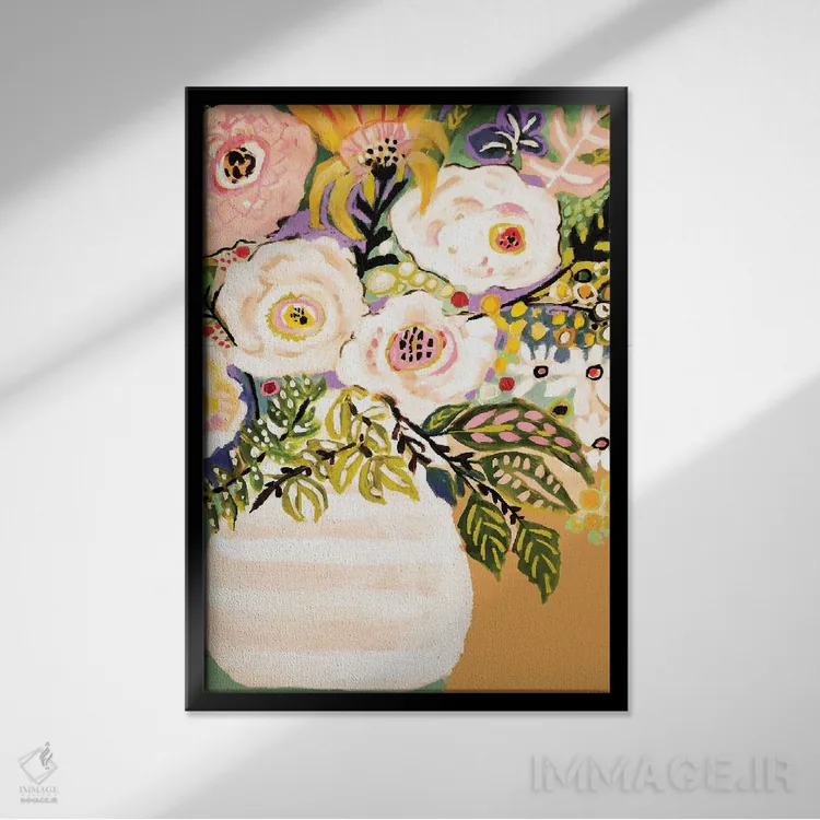تابلو دکوراتیو گل های تابستانی در گلدان ۲ اثر کارن فیلدز - نمای قابدار مشکی