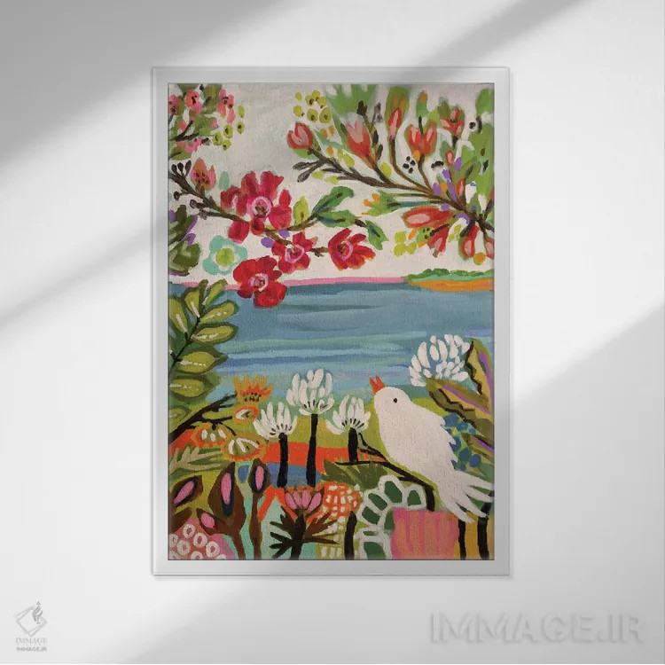 تابلو دکوراتیو پرندگان در باغ ۲ اثر کارن فیلدز - نمای قابدار سفید