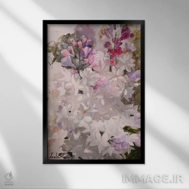 تابلو دکوراتیو یاس بنفش اثر خانلار اسدالله یف - نمای قابدار مشکی