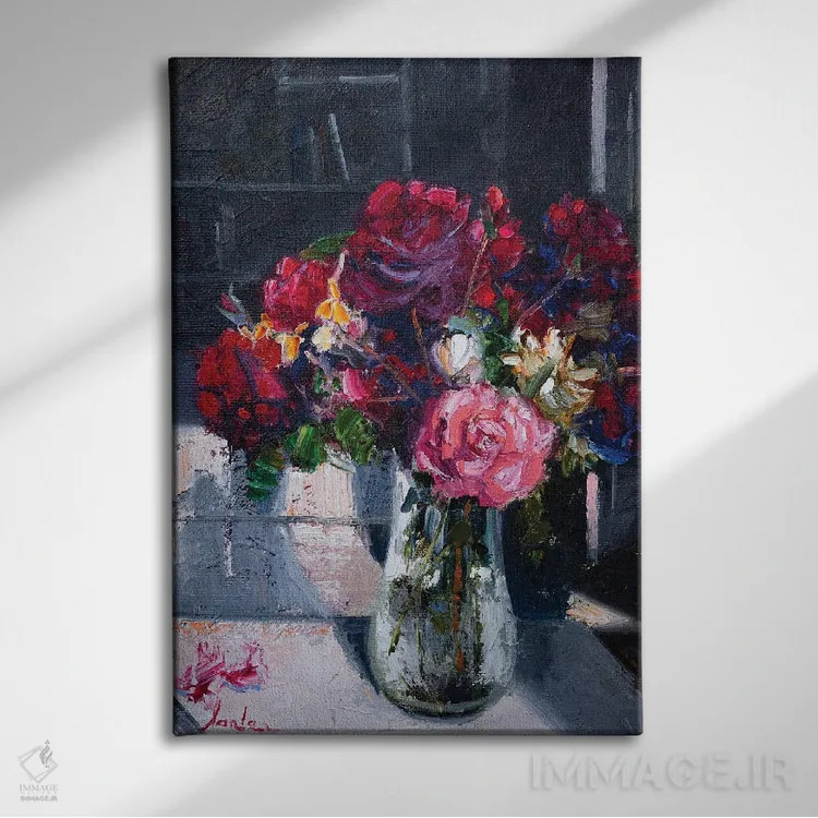تابلو دکوراتیو گل ها در گلدان اثر خانلار اسدالله یف - نمای روبهرو روی دیوار
