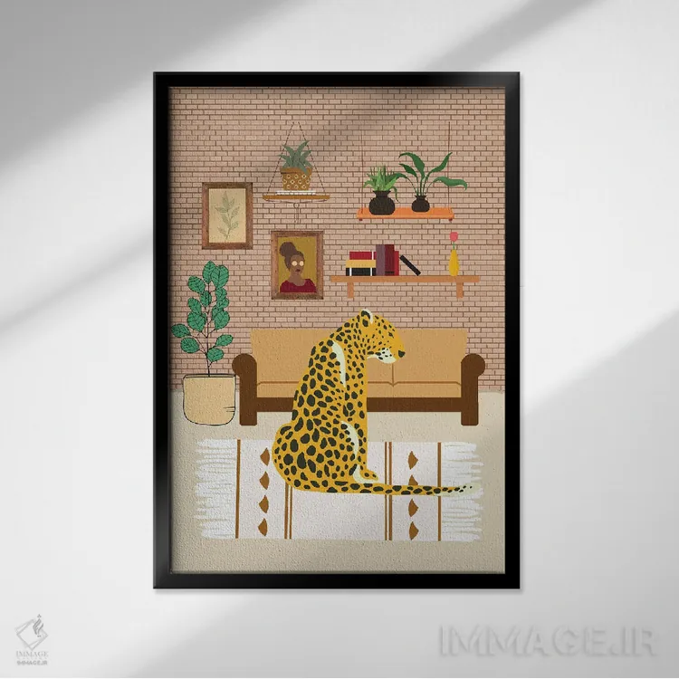 تابلو دکوراتیو دکوراسیون داخلی بوهیمیایی با پلنگ اثر خارین هینز - نمای قابدار مشکی