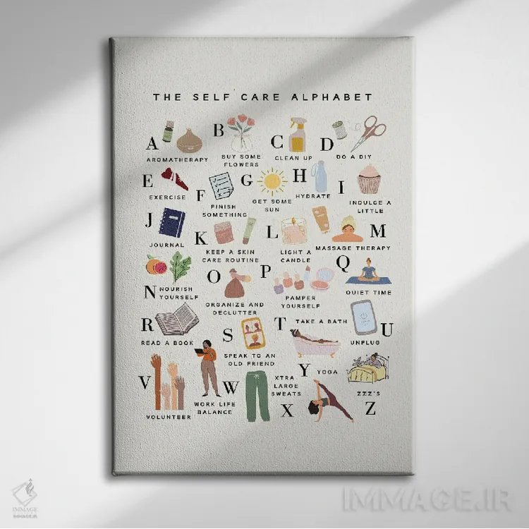 تابلو دکوراتیو الفبای مراقبت از خود اثر خارین هینز - نمای روبهرو روی دیوار