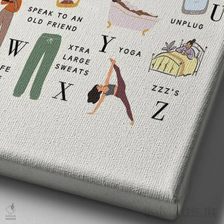 تابلو دکوراتیو الفبای مراقبت از خود اثر خارین هینز - نمای نزدیک بافت بوم