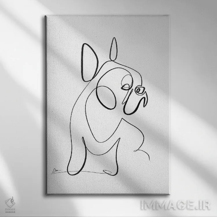 تابلو مینیمال بولداگ فرانسوی با یک خط اثر باور کی - نمای روبهرو روی دیوار