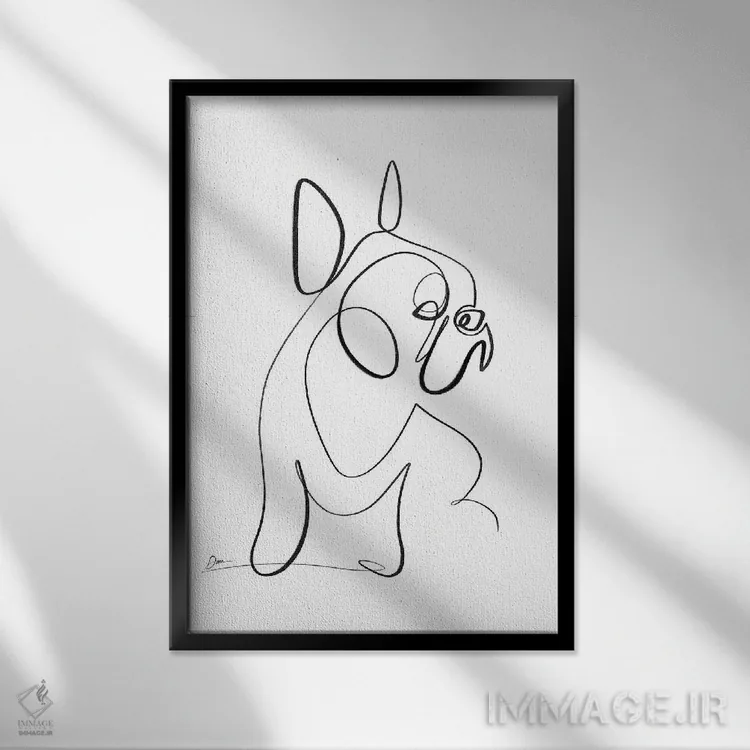 تابلو مینیمال بولداگ فرانسوی با یک خط اثر باور کی - نمای قابدار مشکی