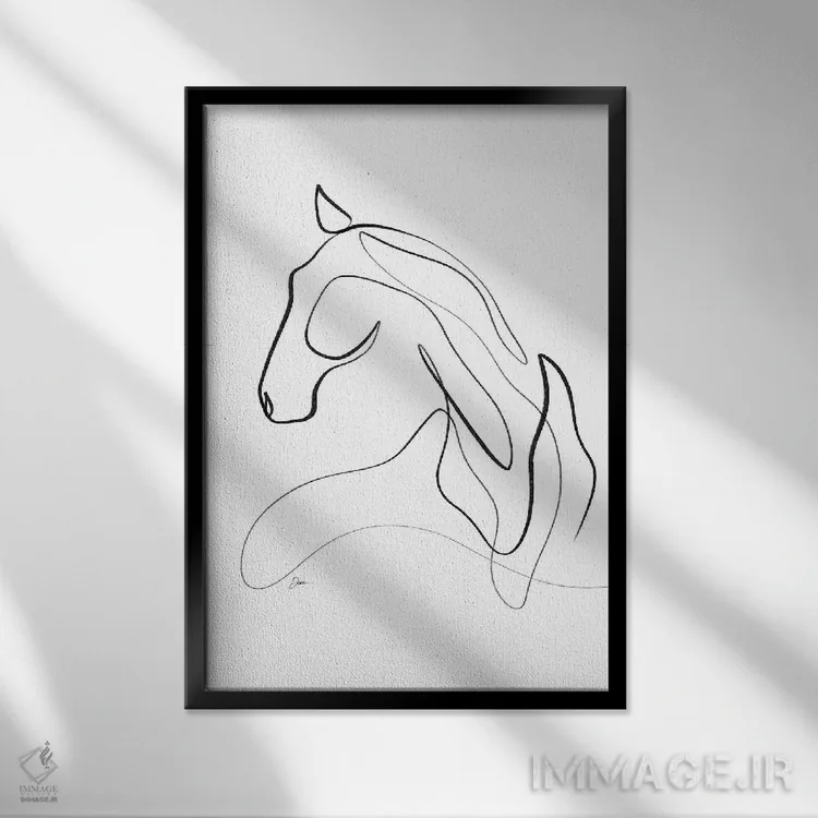 تابلو مینیمال اسب شماره ۱۳ / اسب با یک خط اثر باور کی - نمای قابدار مشکی