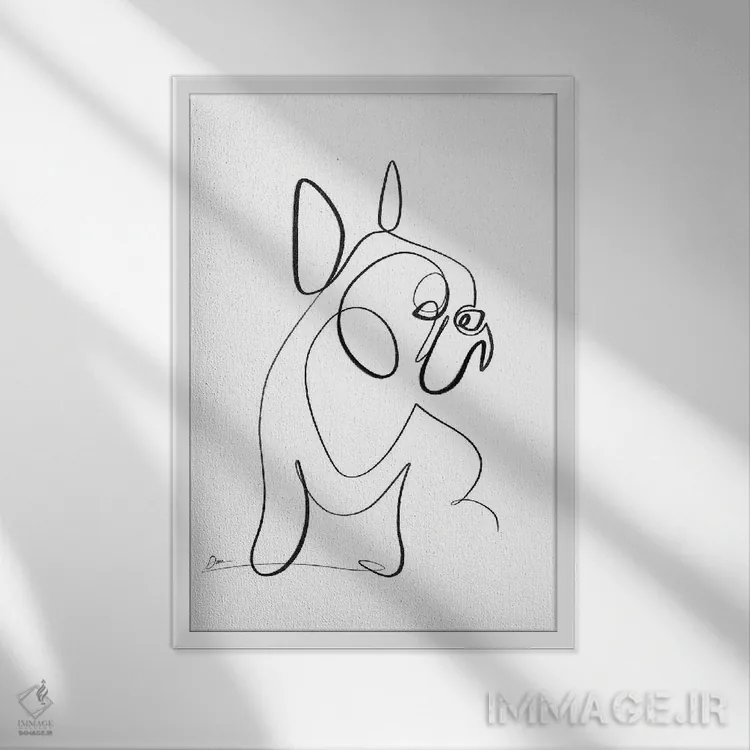 تابلو مینیمال بولداگ فرانسوی با یک خط اثر باور کی - نمای قابدار سفید