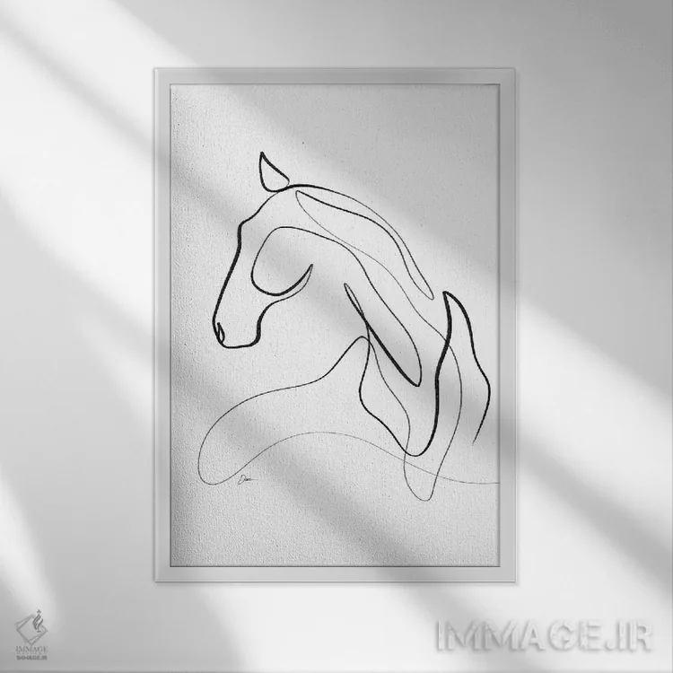 تابلو مینیمال اسب شماره ۱۳ / اسب با یک خط اثر باور کی - نمای قابدار سفید