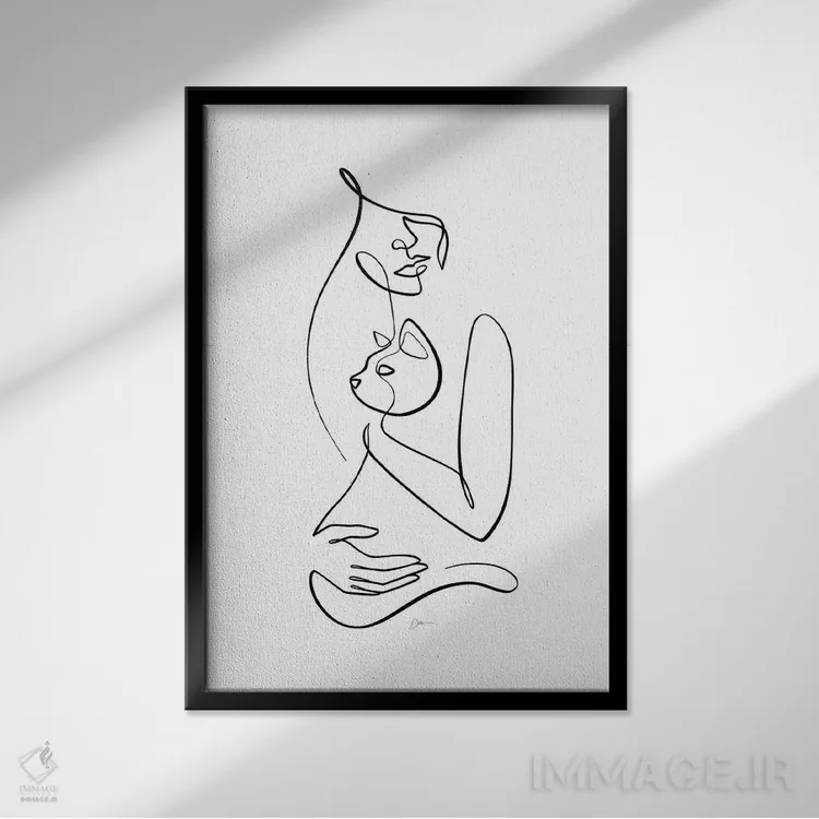 تابلو مینیمال بانوی گربه شماره ۱ اثر باور کی - نمای قابدار مشکی