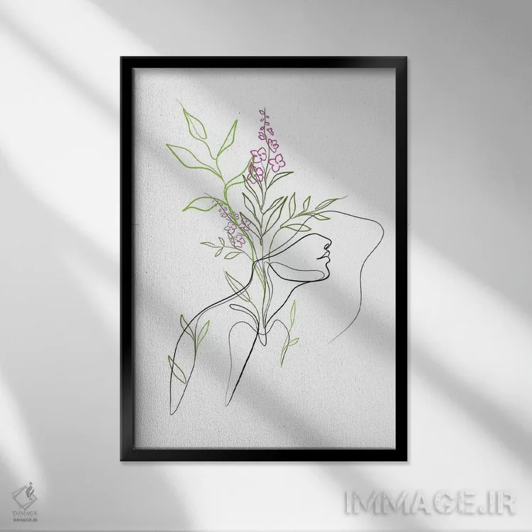 تابلو مینیمال زن با سر گل اثر باور کی - نمای قابدار مشکی