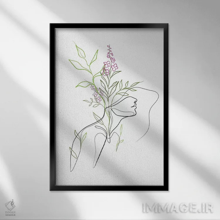 تابلو مینیمال زن با سر گل اثر باور کی - نمای قابدار مشکی