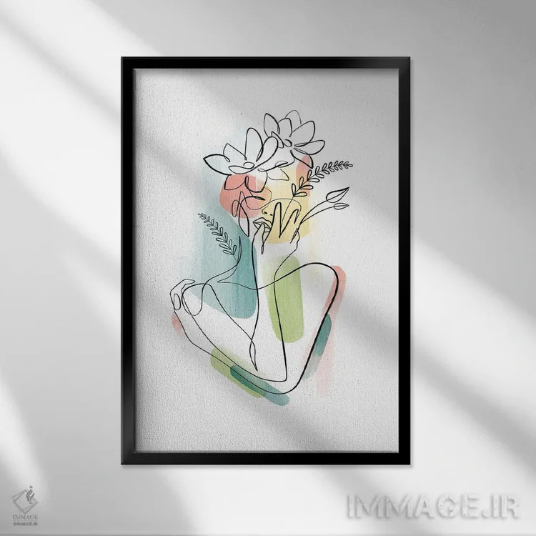 تابلو مینیمال زن با سر گل شماره ۲ اثر باور کی - نمای قابدار مشکی