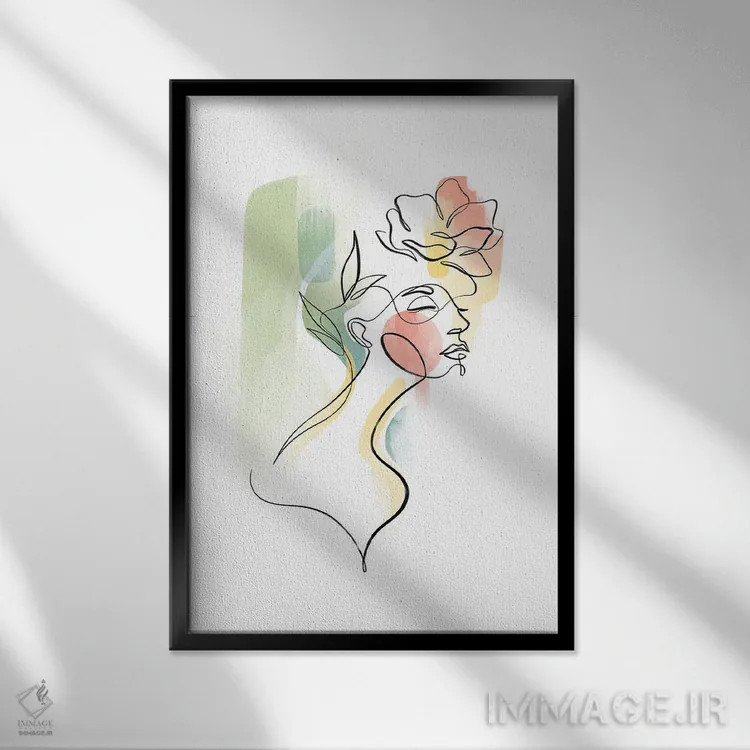 تابلو مینیمال زن با سر گل شماره ۳ اثر باور کی - نمای قابدار مشکی
