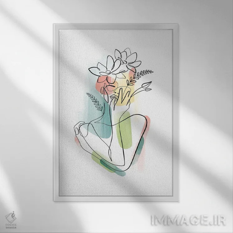 تابلو مینیمال زن با سر گل شماره ۲ اثر باور کی - نمای قابدار سفید
