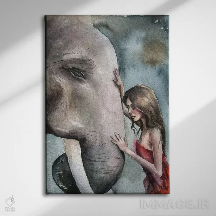 تابلو دکوراتیو دختر با فیل اثر کایرا بالان - نمای روبهرو روی دیوار