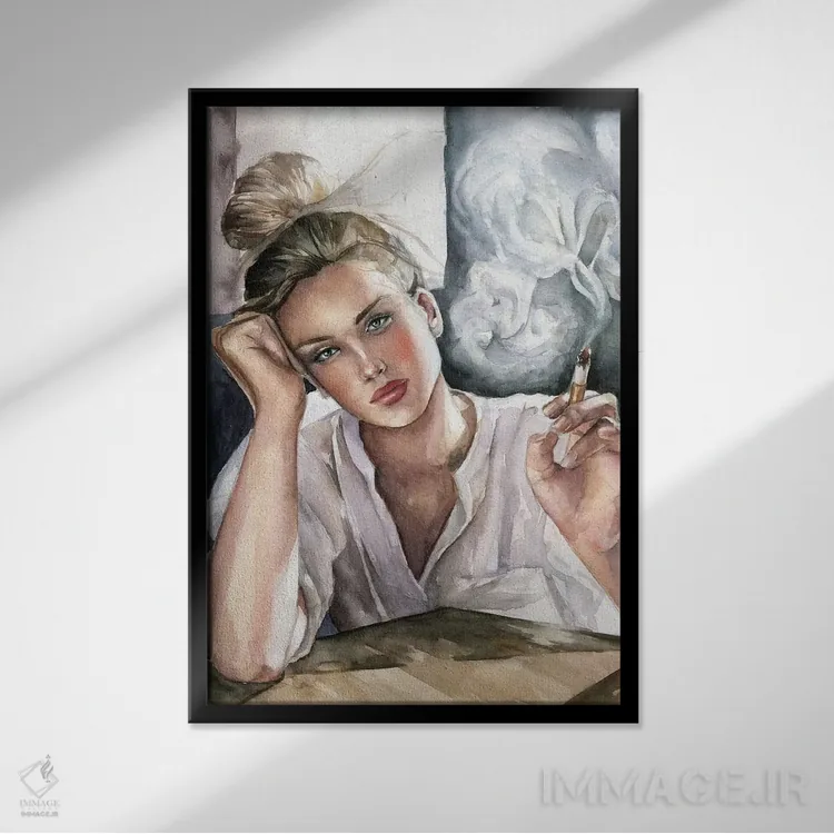 تابلو دکوراتیو دختر با سیگار اثر کایرا بالان - نمای قابدار مشکی
