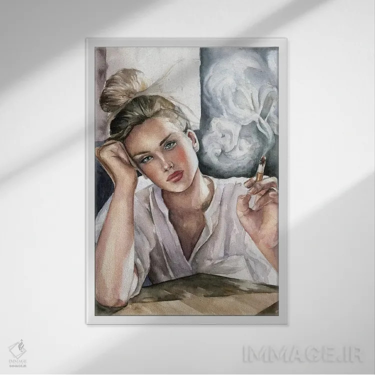 تابلو دکوراتیو دختر با سیگار اثر کایرا بالان - نمای قابدار سفید