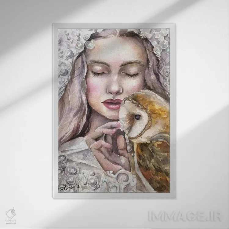 تابلو دکوراتیو دختر با جغد اثر کایرا بالان - نمای قابدار سفید