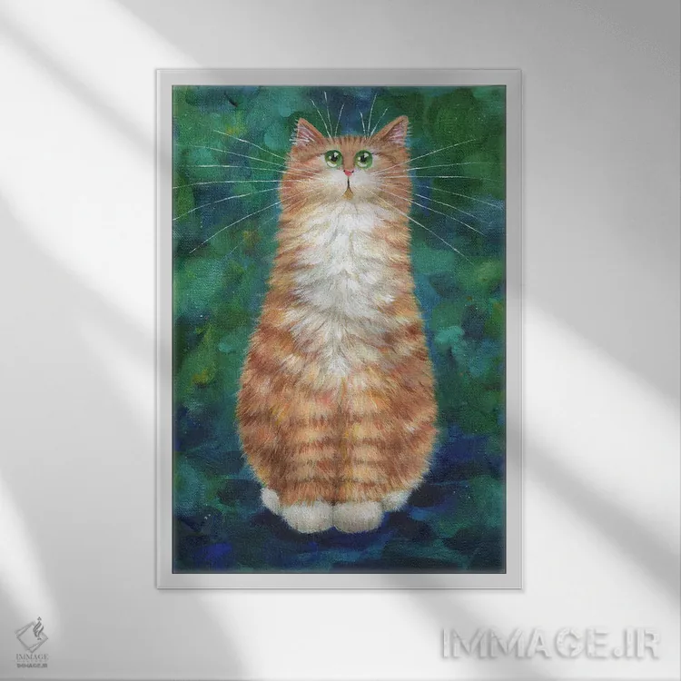 تابلو دکوراتیو گربه نارنجی روی زمرد اثر کیم هاسکینز - نمای قابدار سفید