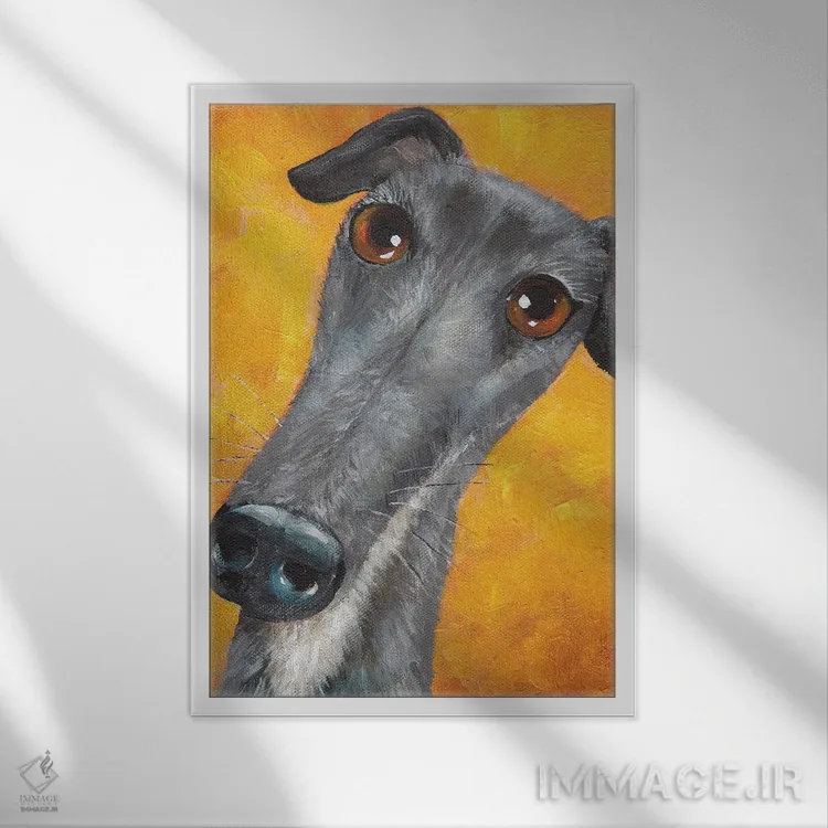 تابلو دکوراتیو لاکی سگ تازی اثر کیم هاسکینز - نمای قابدار سفید