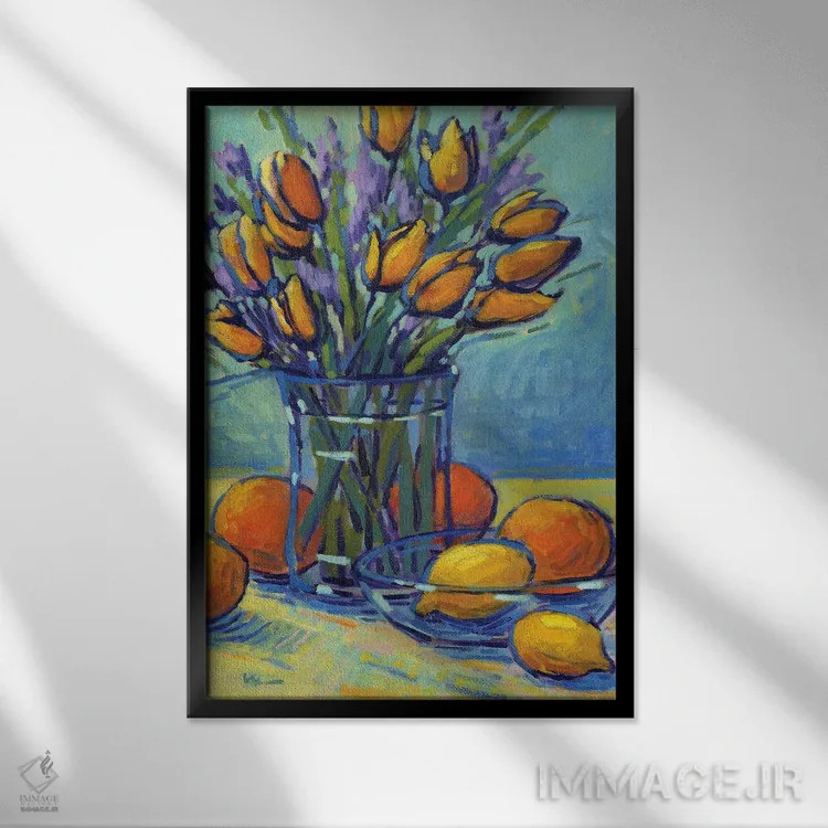 تابلو دکوراتیو لاله ها، لیموها، وای! اثر کانی کیم - نمای قابدار مشکی