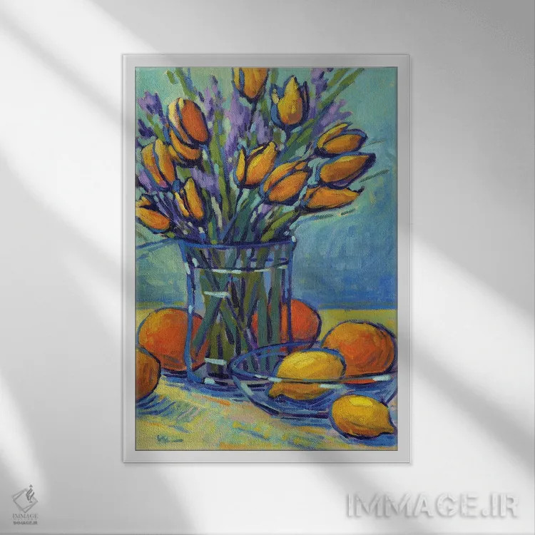 تابلو دکوراتیو لاله ها، لیموها، وای! اثر کانی کیم - نمای قابدار سفید