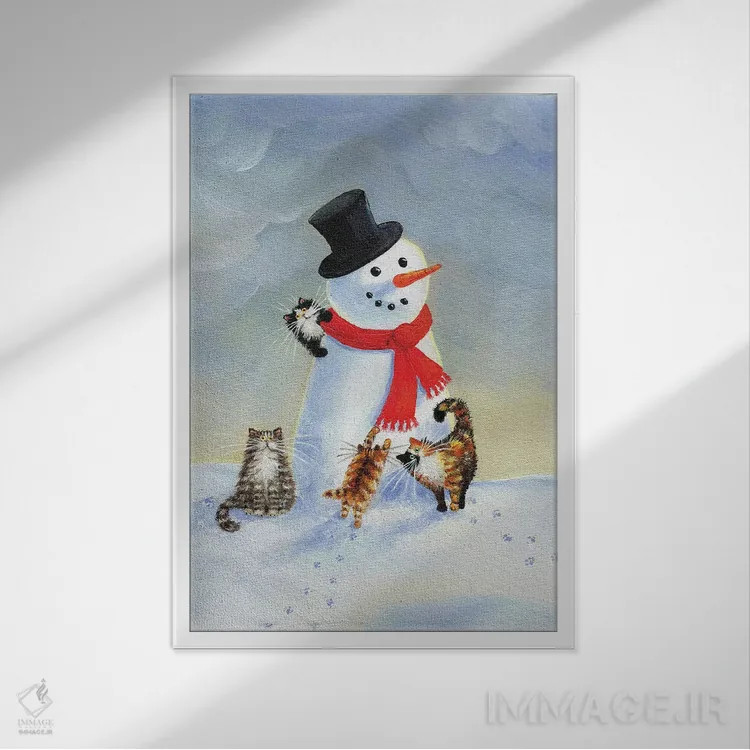 تابلو دکوراتیو گربه های برفی اثر کیم هاسکینز - نمای قابدار سفید