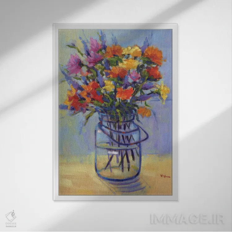 تابلو دکوراتیو دسته گل بهاری اثر کانی کیم - نمای قابدار سفید