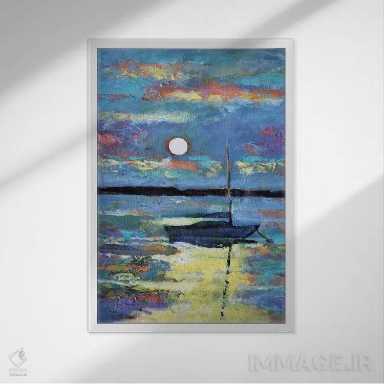 تابلو دکوراتیو ماه بالای قایق بادبانی اثر کیپ دکر - نمای قابدار سفید