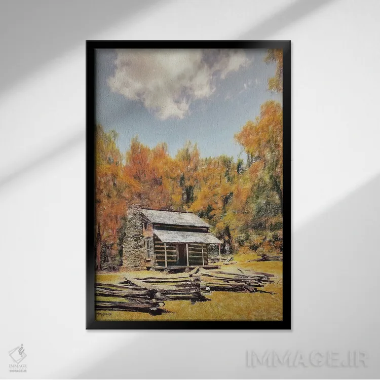 تابلو دکوراتیو کلبه ای در جنگل اثر کتی جنینگز - نمای قابدار مشکی