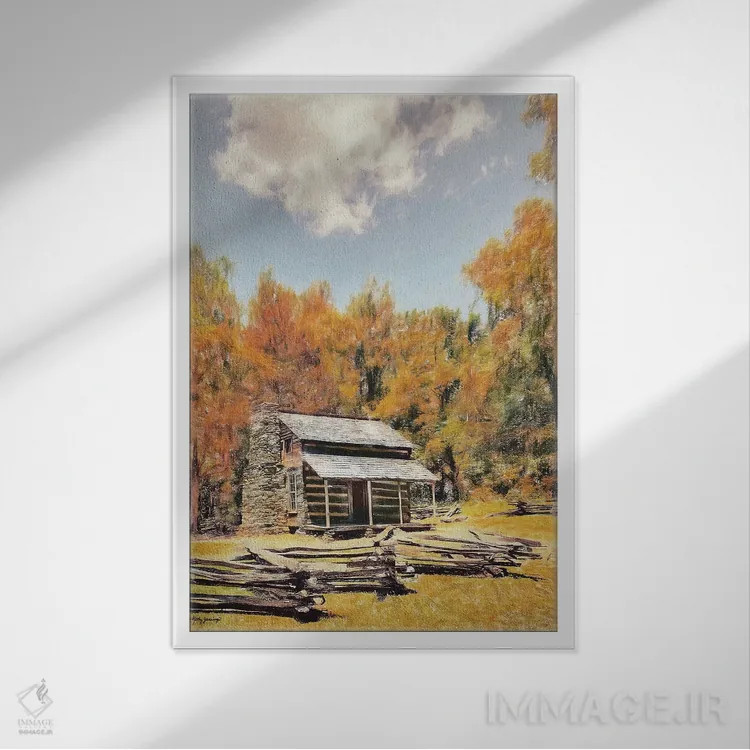 تابلو دکوراتیو کلبه ای در جنگل اثر کتی جنینگز - نمای قابدار سفید