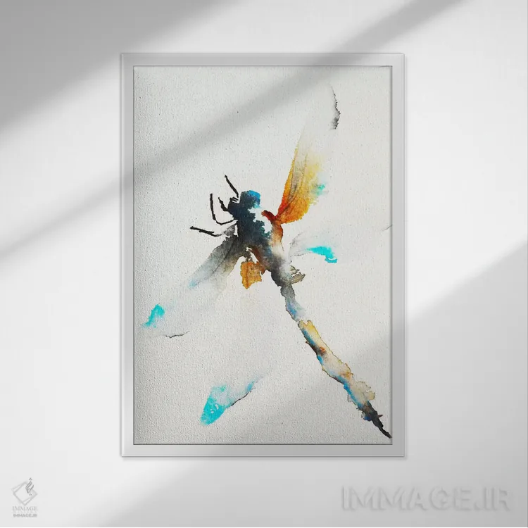 تابلو دکوراتیو سنجاقک آبی و قهوه ای اثر کارین یوهانسون - نمای قابدار سفید