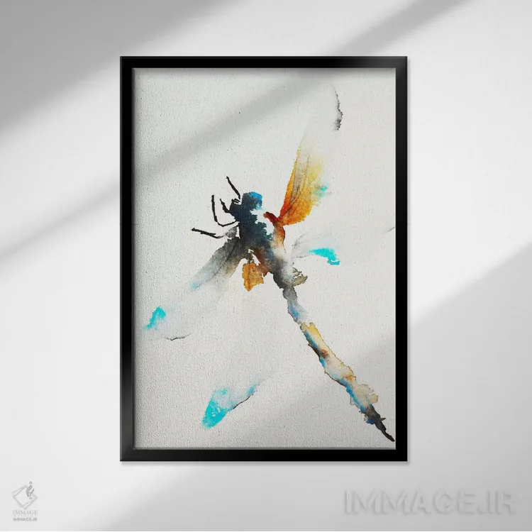 تابلو دکوراتیو سنجاقک آبی و قهوه ای اثر کارین یوهانسون - نمای قابدار مشکی