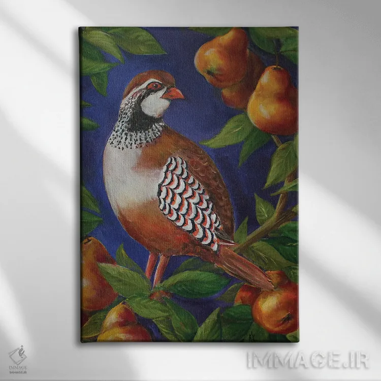 تابلو دکوراتیو بلدرچین روی درخت گلابی اثر کریستین کاینر - نمای روبهرو روی دیوار