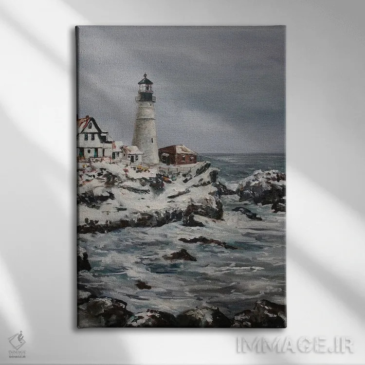 تابلو دکوراتیو فانوس دریایی در زمستان اثر کریستین کاینر - نمای روبهرو روی دیوار