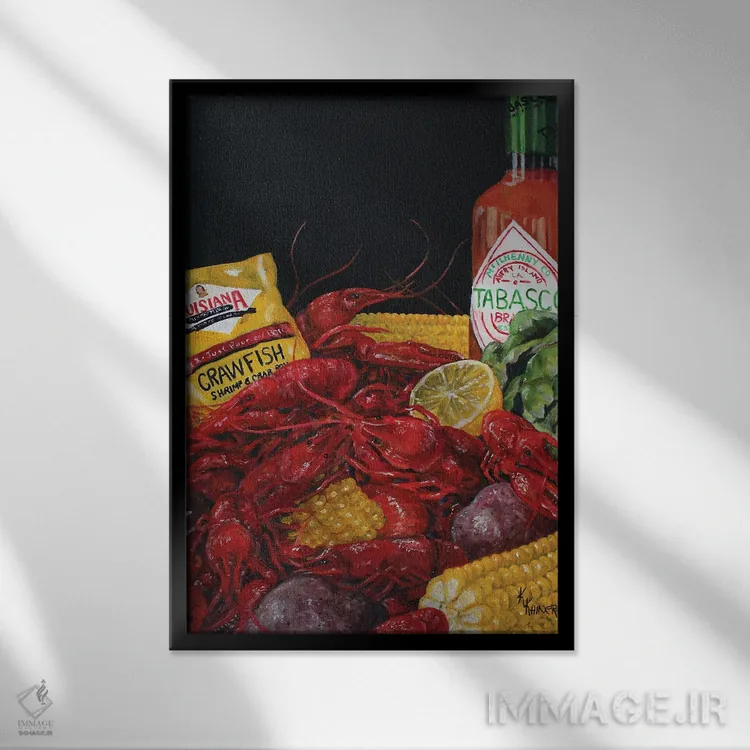 تابلو دکوراتیو خرچنگ پخته لوییزیانا اثر کریستین کاینر - نمای قابدار مشکی