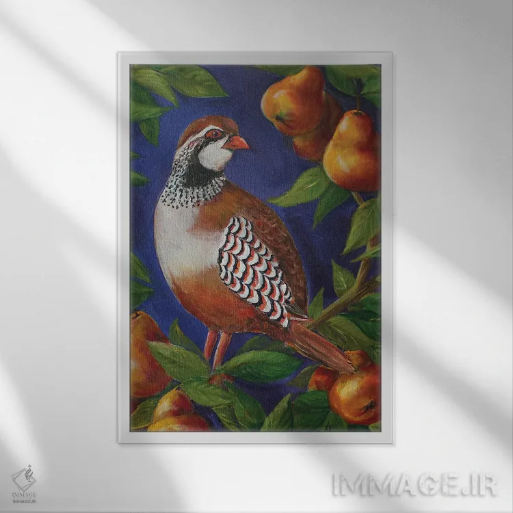 تابلو دکوراتیو بلدرچین روی درخت گلابی اثر کریستین کاینر - نمای قابدار سفید