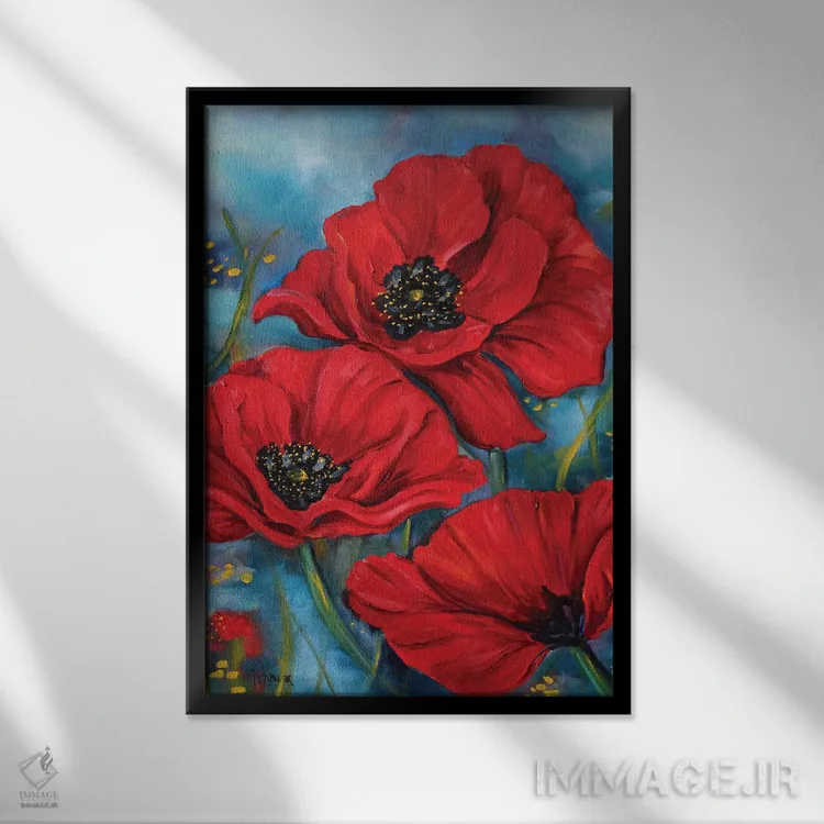 تابلو دکوراتیو شقایق های قرمز اثر کریستین کاینر - نمای قابدار مشکی