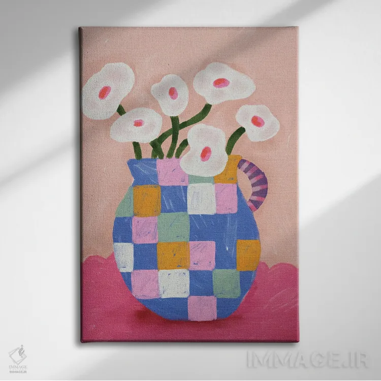 تابلو مدرن گل های انتزاعی در گلدان اثر کارتیکا پارامیتا - نمای روبهرو روی دیوار